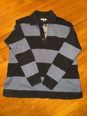Madewell Striped Knit Polo Sweater - Black & Slate Blue